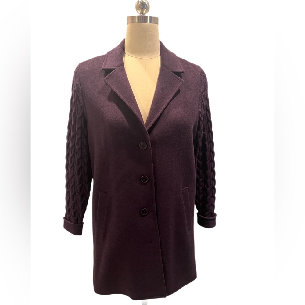 Etcetera Cable Knit -Sleeve / Back Pea Coat in Plum